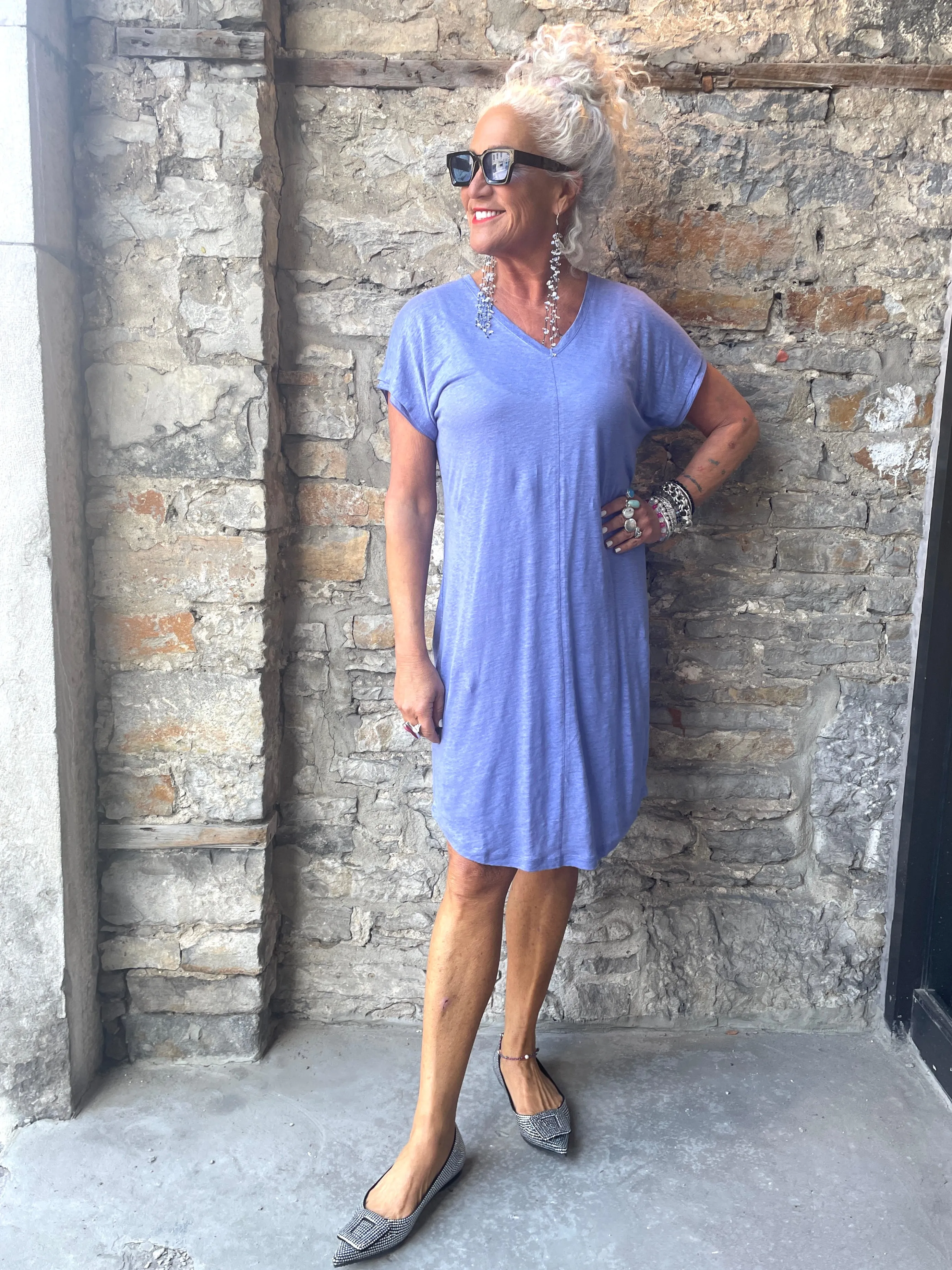 100% Slub linen V neck T shirt dress with slip- Light Blue Denim