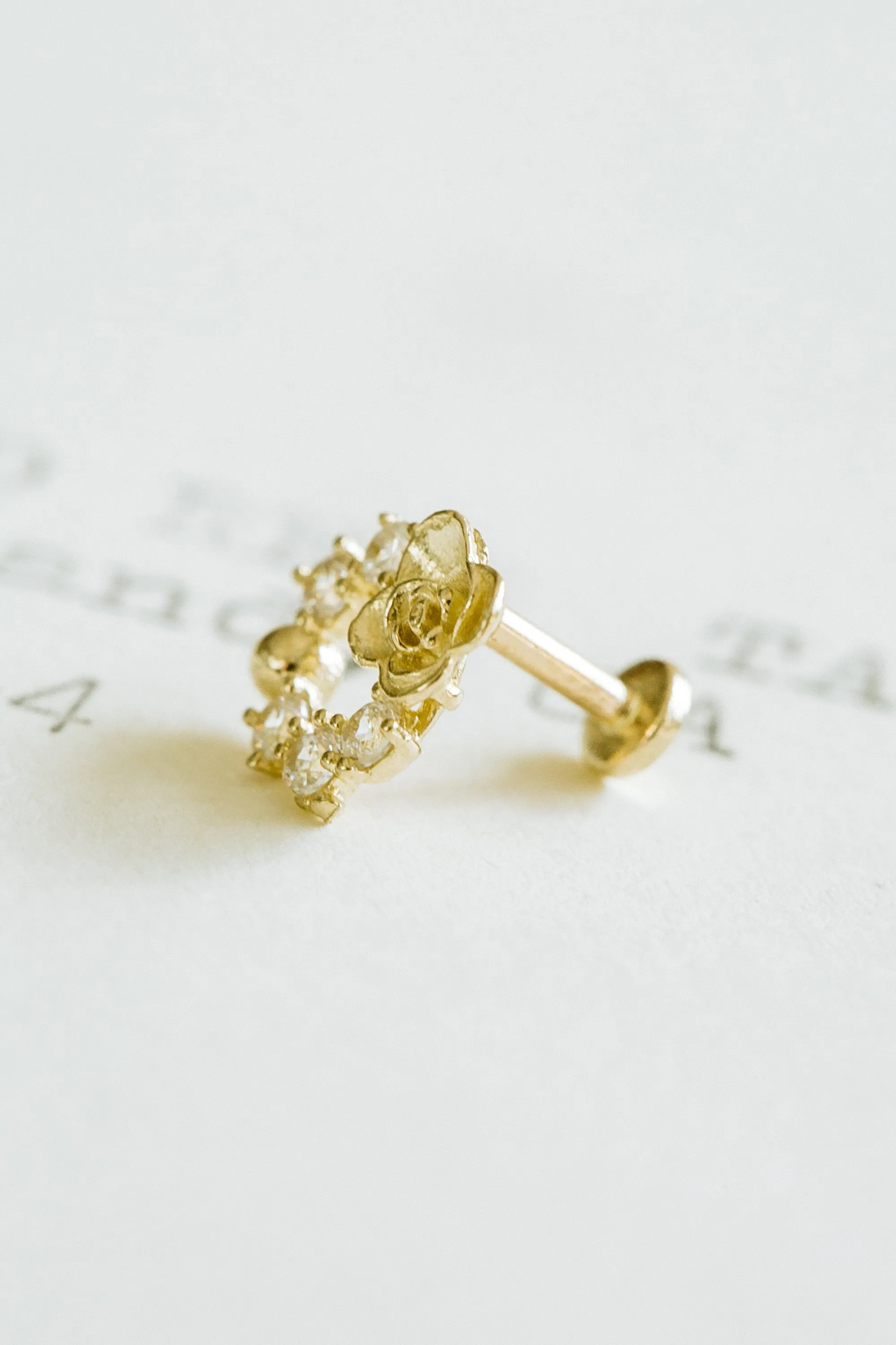 14K Real Gold Minimalist Open Cz Rose Wreath Forward Helix Cartilage Tragus Inner Conch Ear Stud Post Internally Threaded Earrin