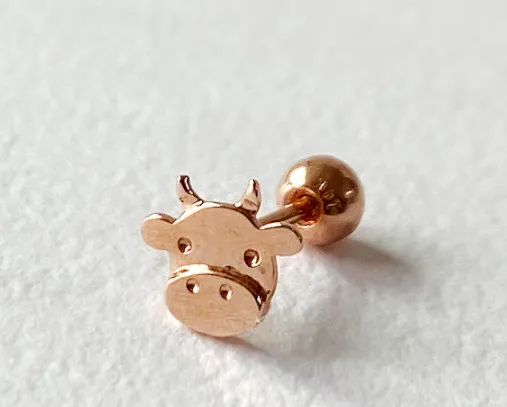 14K Solid Gold Bull Cow Tragus Cartilage Helix Conch Earring Barbell Piercing Stud