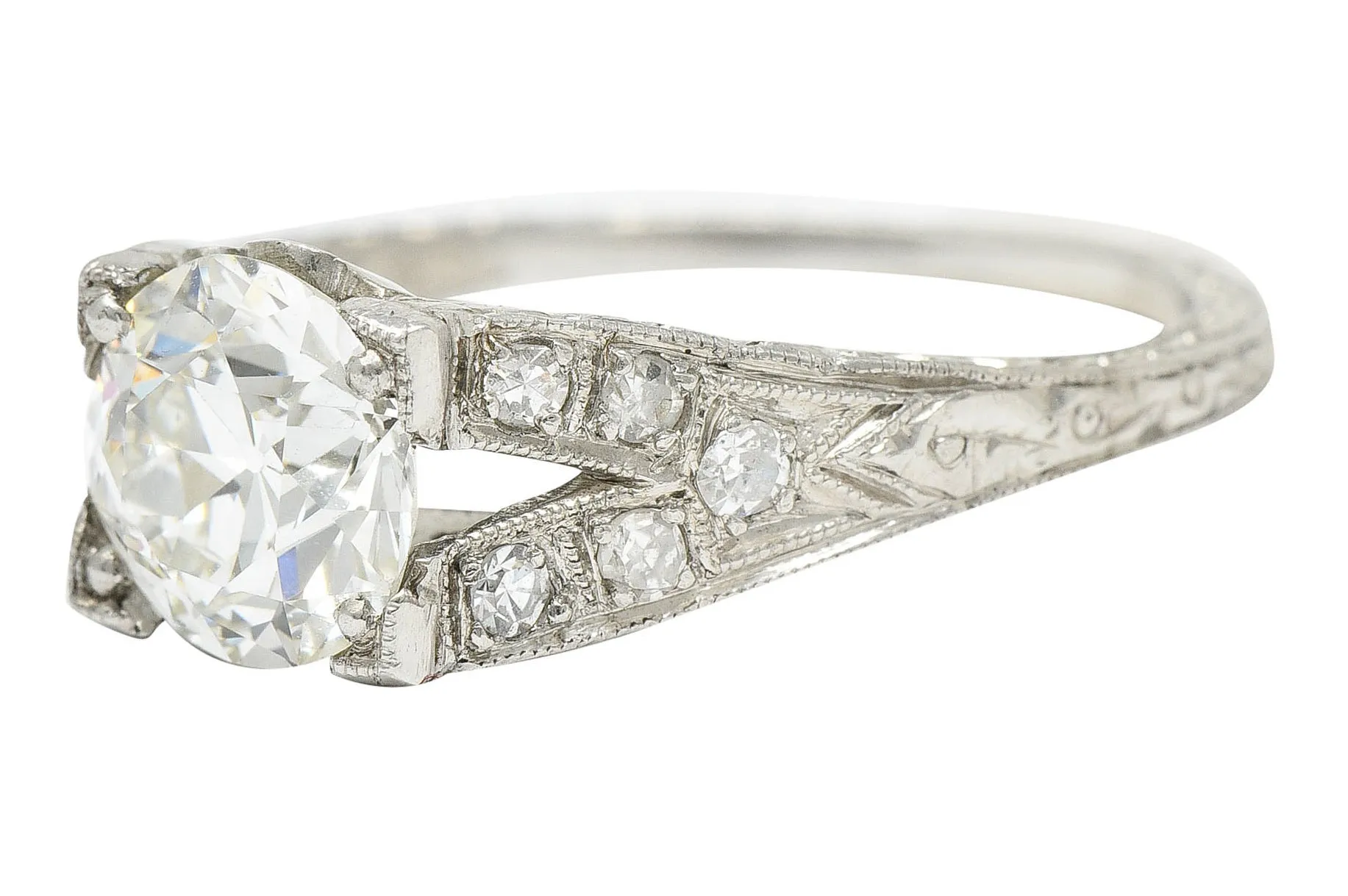 1930's Art Deco 1.68 CTW Diamond Platinum Lotus Engagement Ring GIA