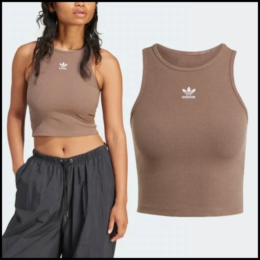 adidas  |Rib Street Style Logo Cropped Tops Tanks & Camisoles