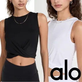 ALO Yoga  |Crew Neck Plain Logo Loungewear Cropped Tops