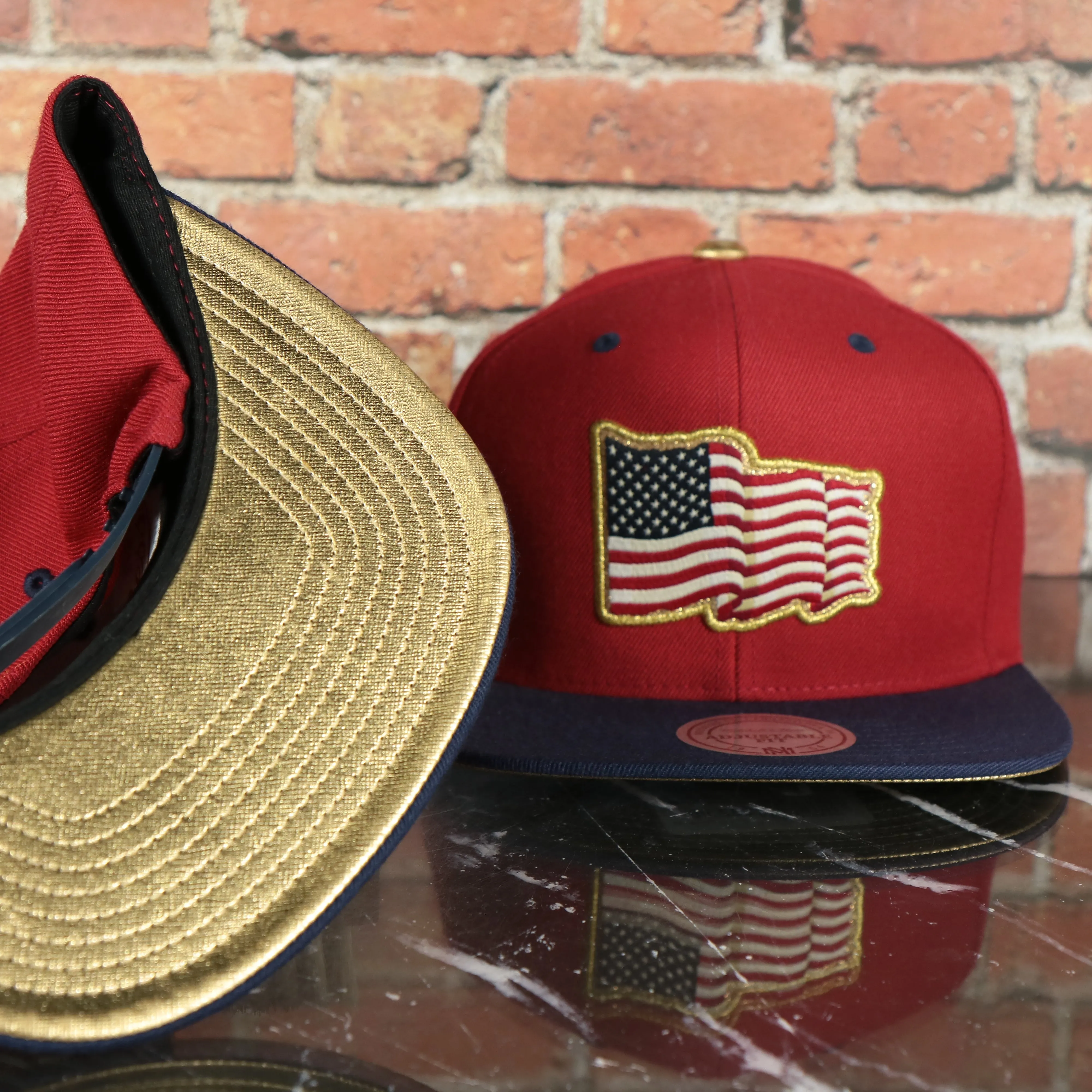 American Flag Fourth of July Gold Trim Red on Navy Blue Snapback Hat