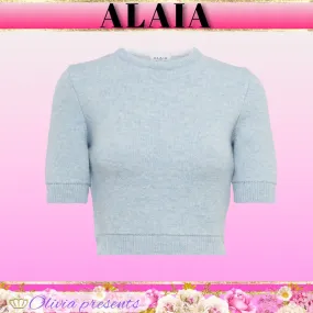 Azzedine Alaia  |Crew Neck Wool Plain Short Sleeves Cropped Tops