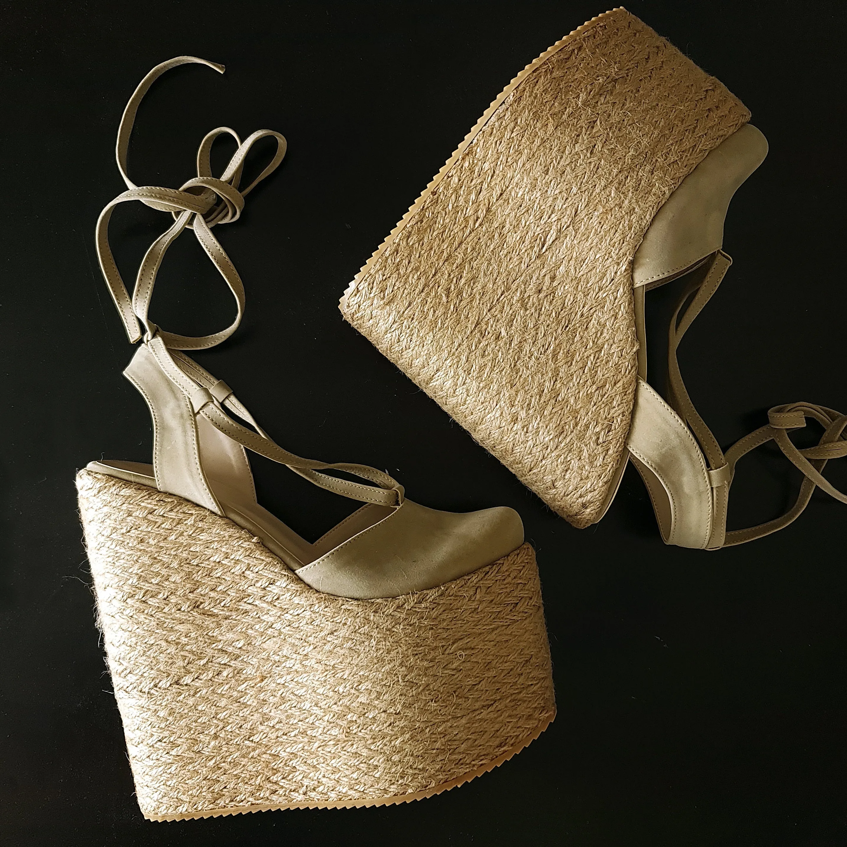 Beige Lace Up  Espadril High Heel Platform Wedges