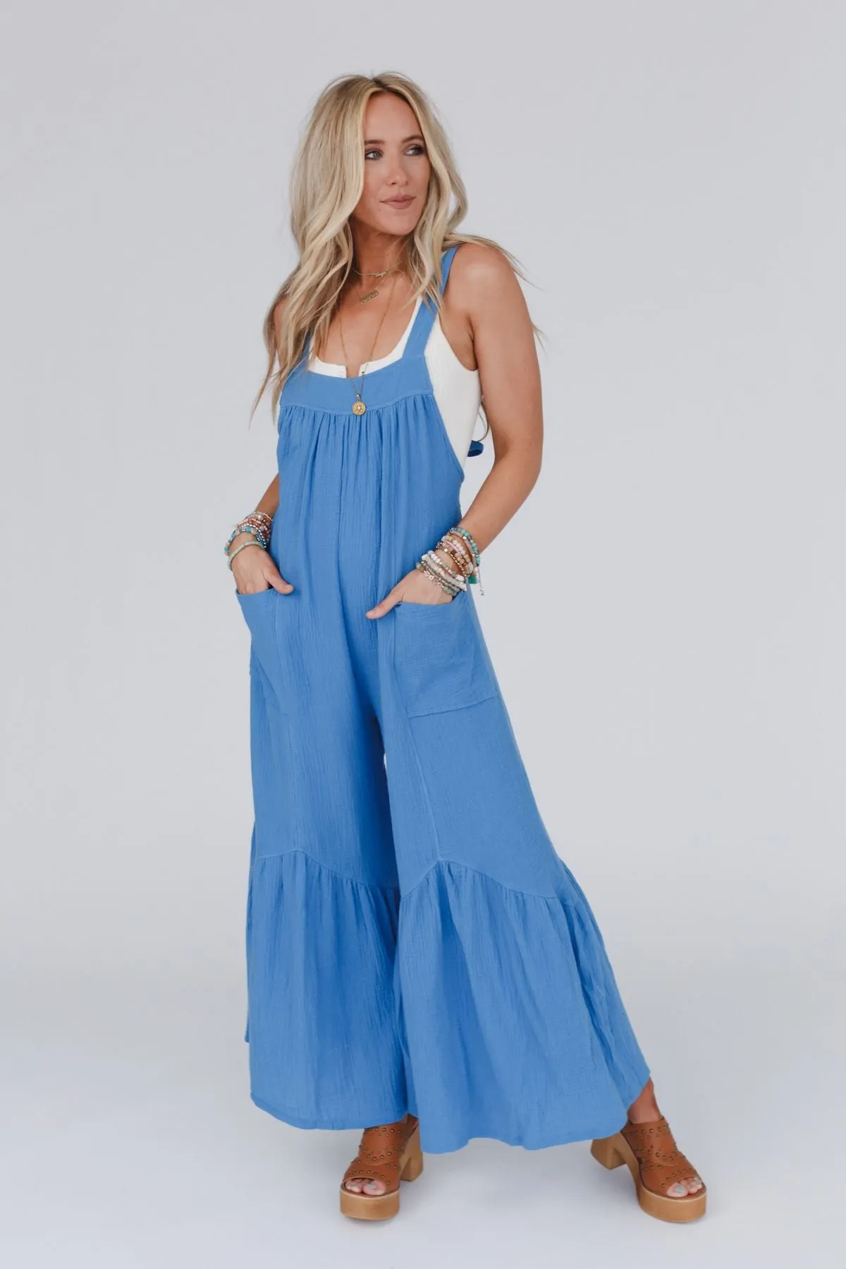 Bethany Wide Leg Ruffle Jumpsuit - Blue