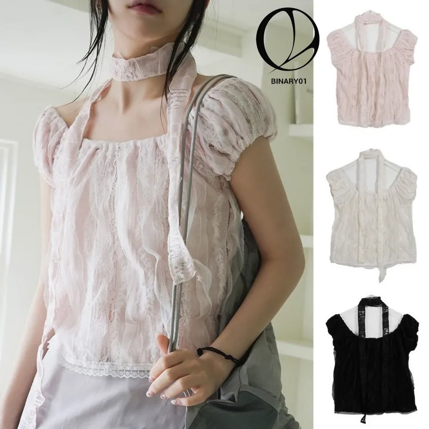 Binary01  |Chiffon Short Sleeves Lace Puff Sleeves Co-ord Cropped Tops