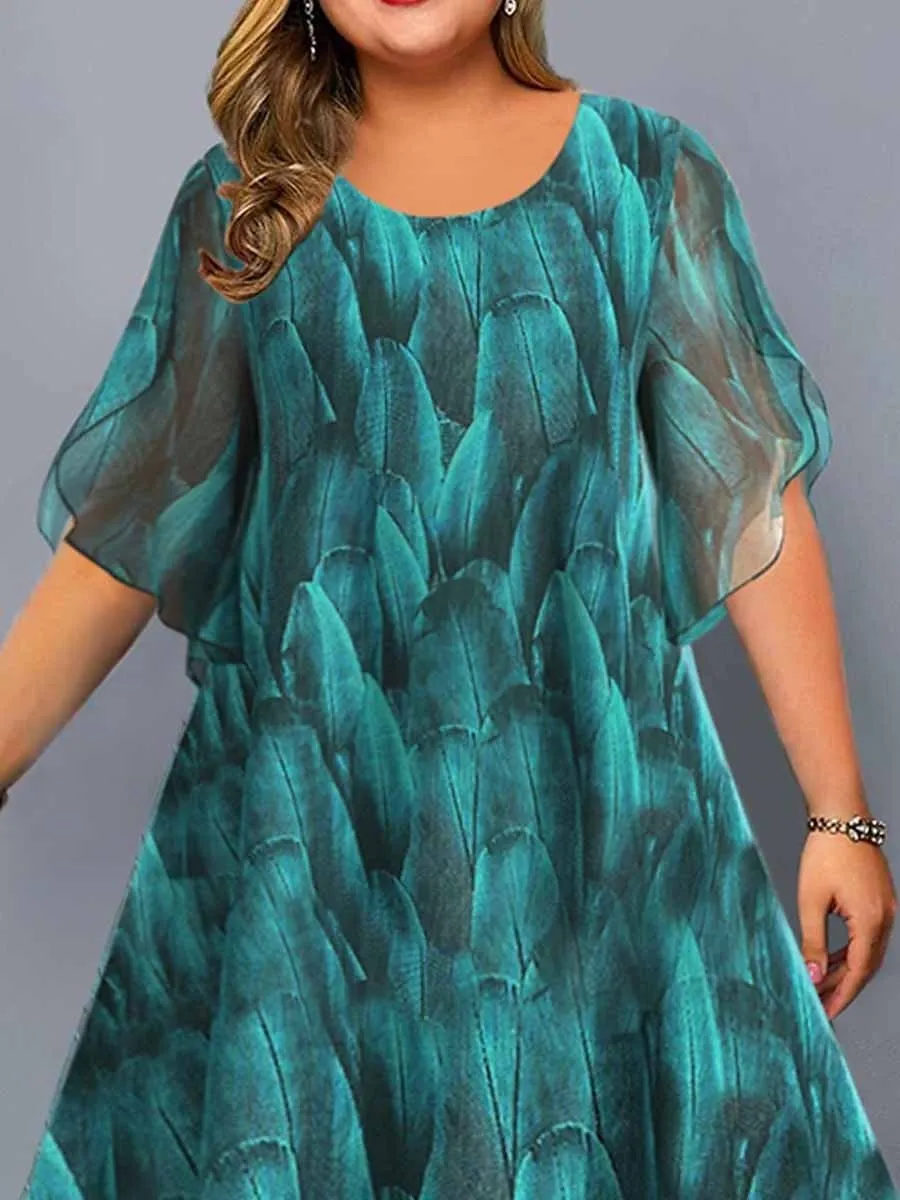 Blue Chiffon A Line Midi Dress with Hood for Plus Size Women