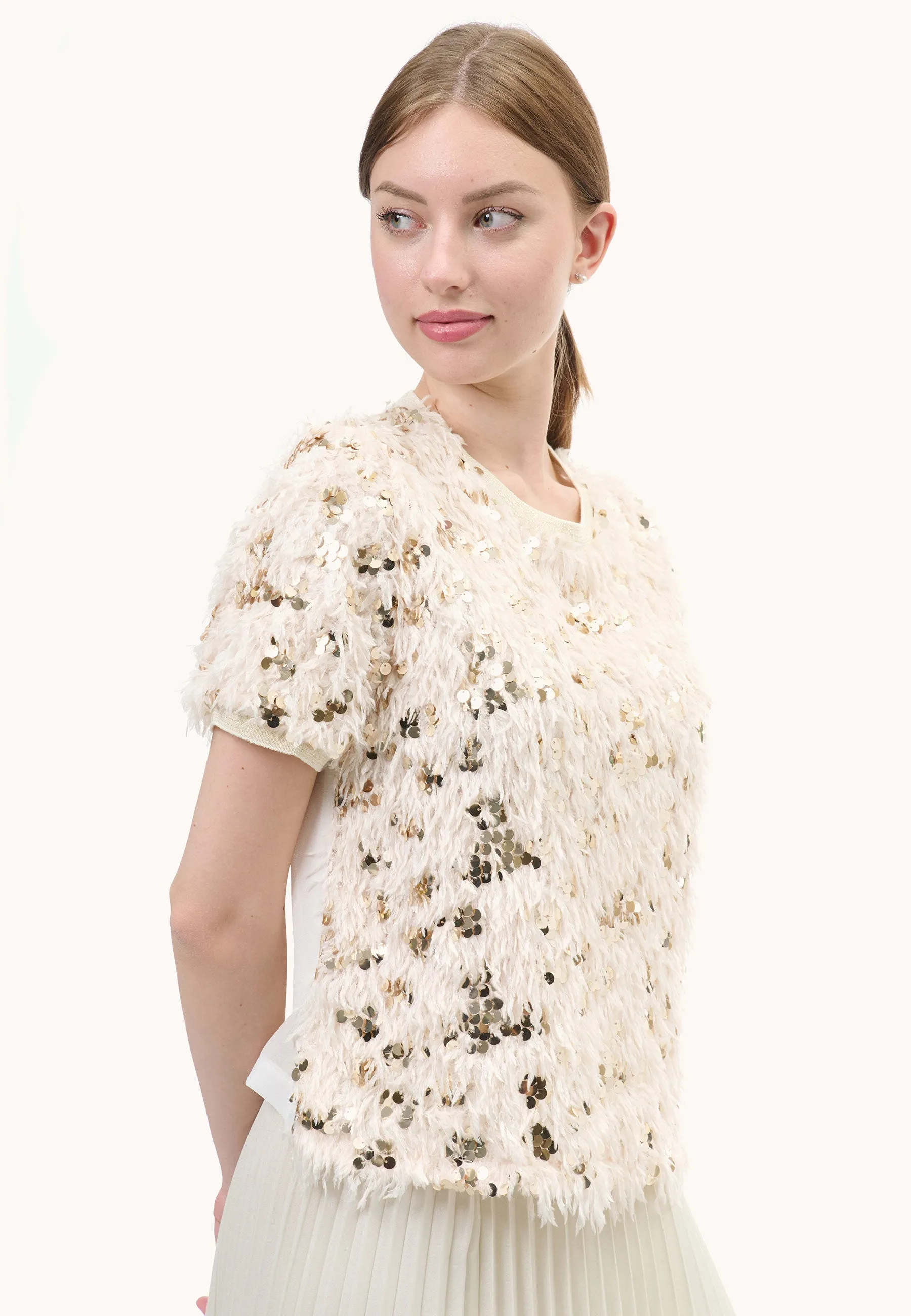 Blusa con piume e paillettes davanti