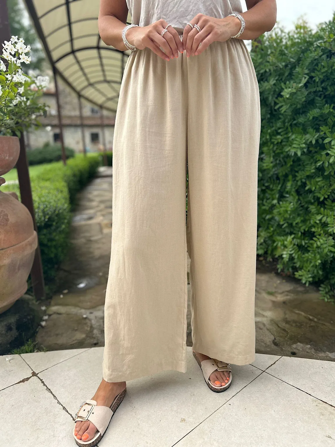 Camel Linen Blend Wide Leg Trousers Harriet