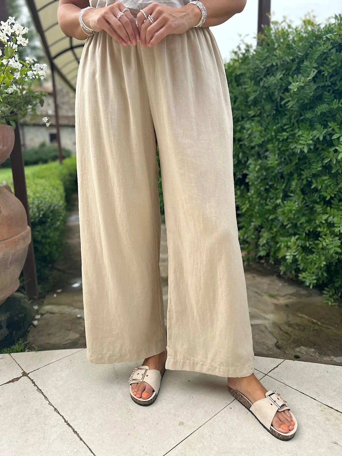 Camel Linen Blend Wide Leg Trousers Harriet