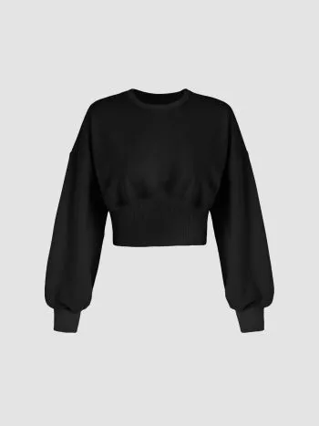 Cider  |Crew Neck Casual Style Long Sleeves Plain Cropped Tops