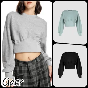 Cider  |Crew Neck Casual Style Long Sleeves Plain Cropped Tops