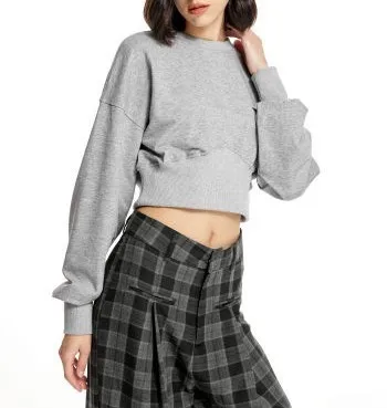 Cider  |Crew Neck Casual Style Long Sleeves Plain Cropped Tops