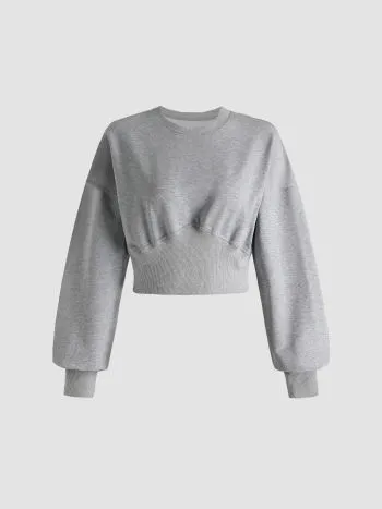 Cider  |Crew Neck Casual Style Long Sleeves Plain Cropped Tops