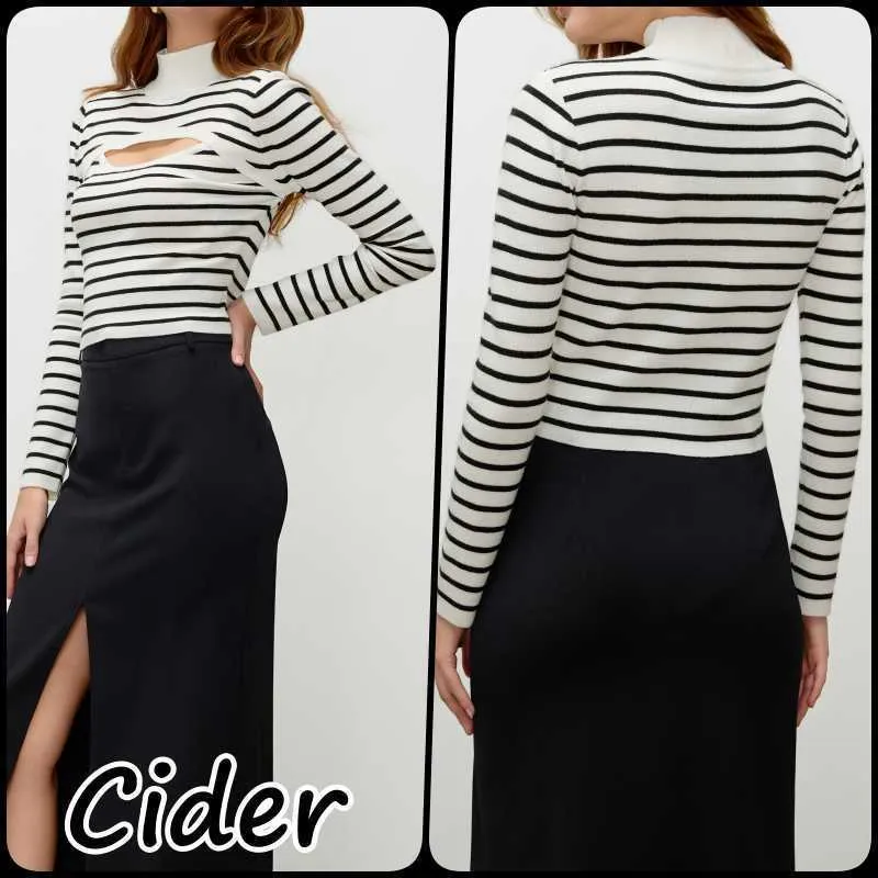 Cider  |Stripes Casual Style Wool Long Sleeves Cropped Tops