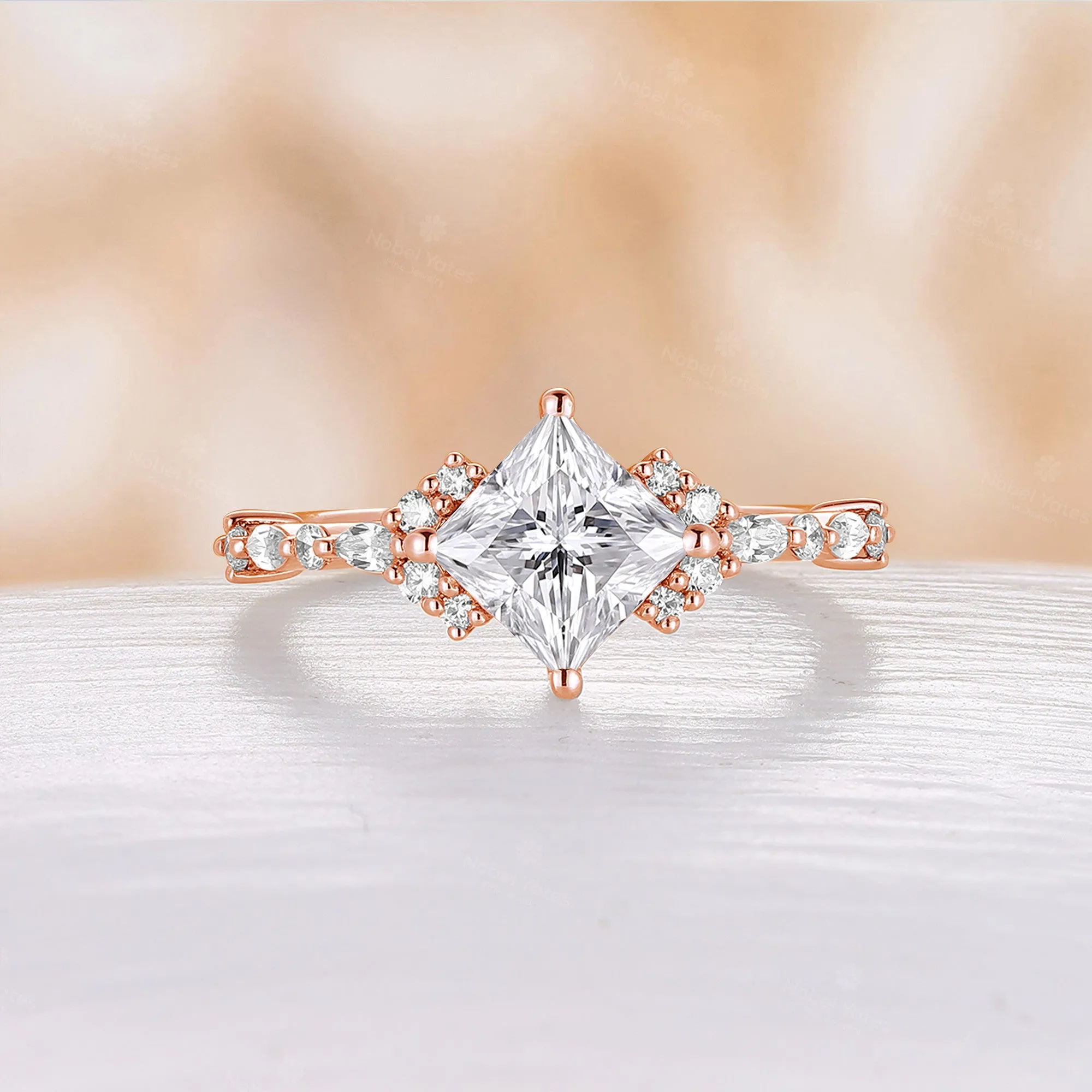 Cluster Princess Cut Moissanite Engagement Ring Rose Gold Band