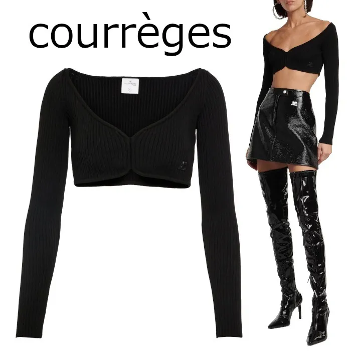 Courreges  |Rib Long Sleeves Plain Logo Cropped Tops V-neck & Crew neck