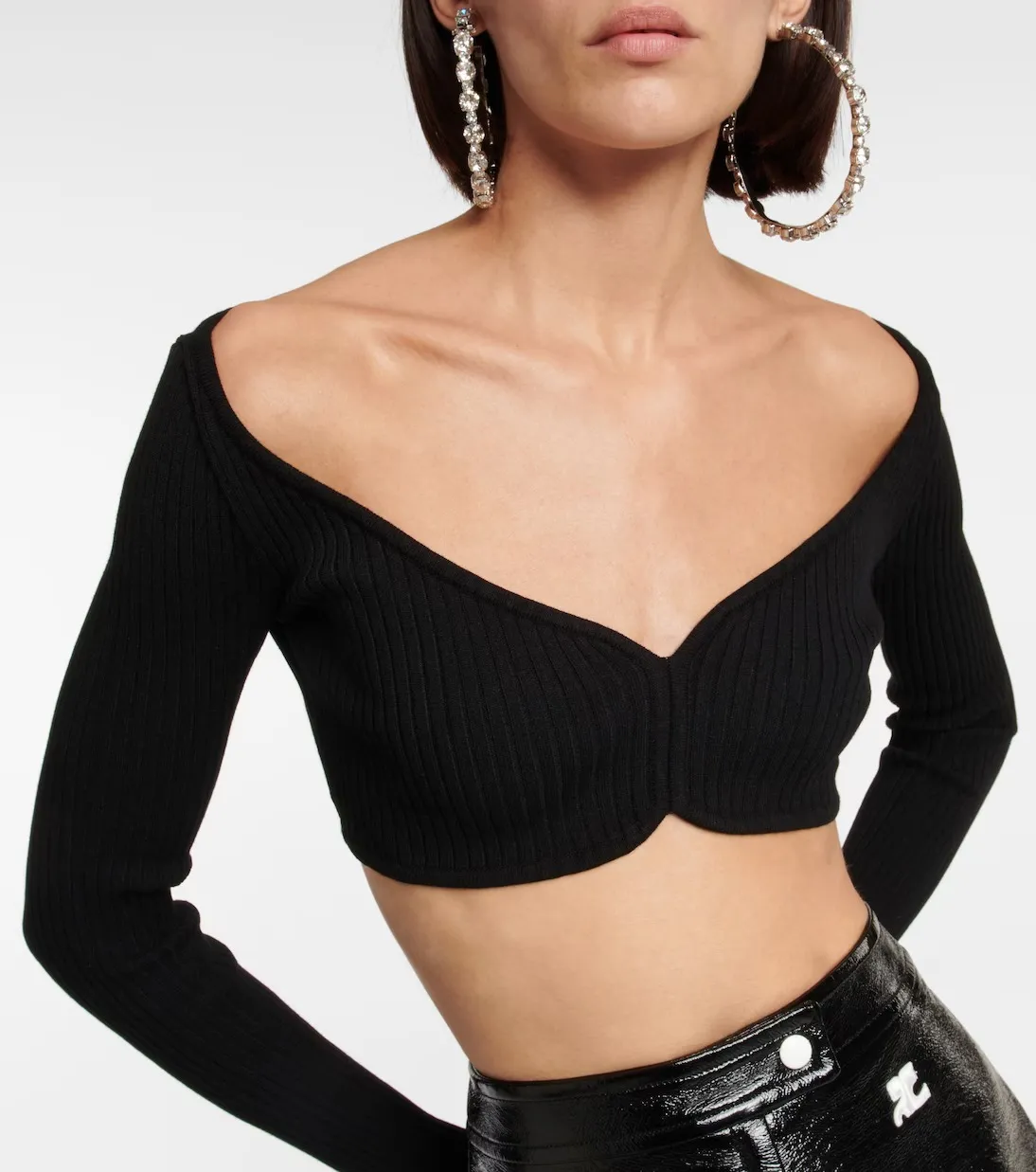 Courreges  |Rib Long Sleeves Plain Logo Cropped Tops V-neck & Crew neck