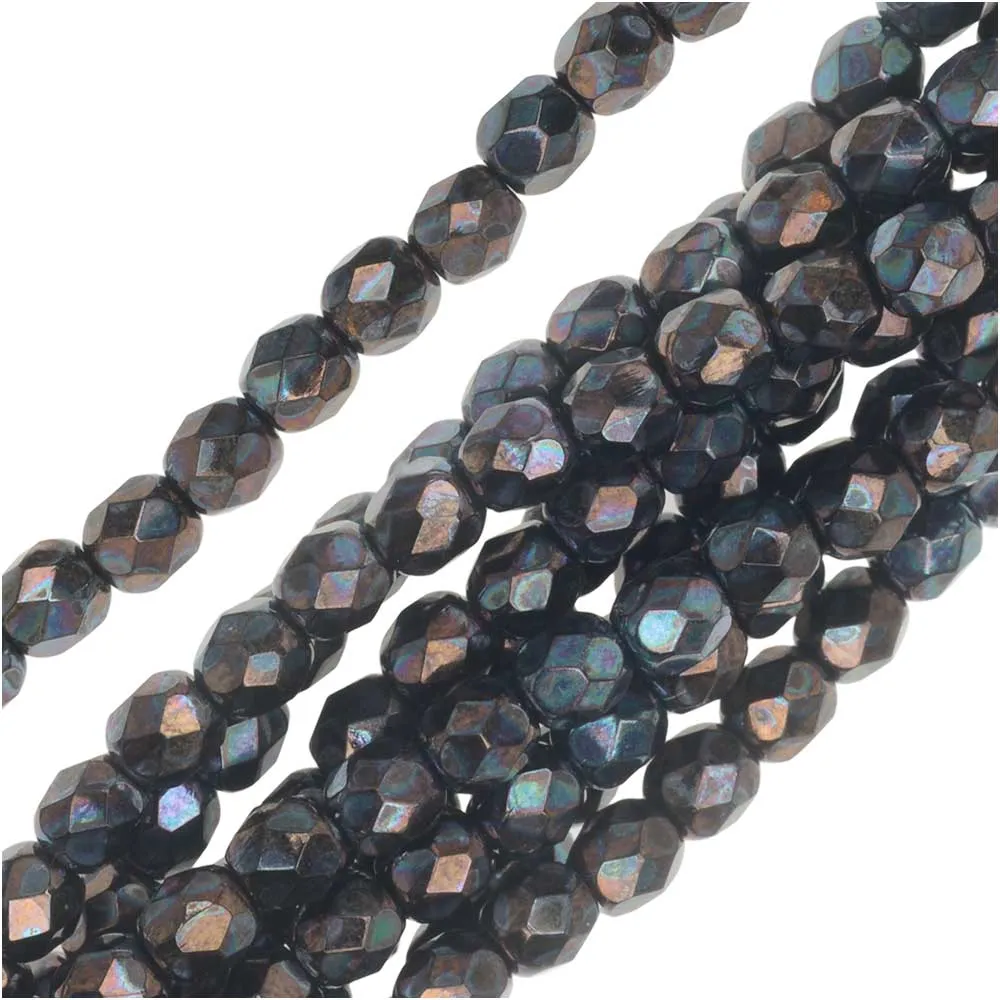 Czech Fire Polished Glass, Faceted Round Beads 4mm, Jet Nebula (40 Pieces)
