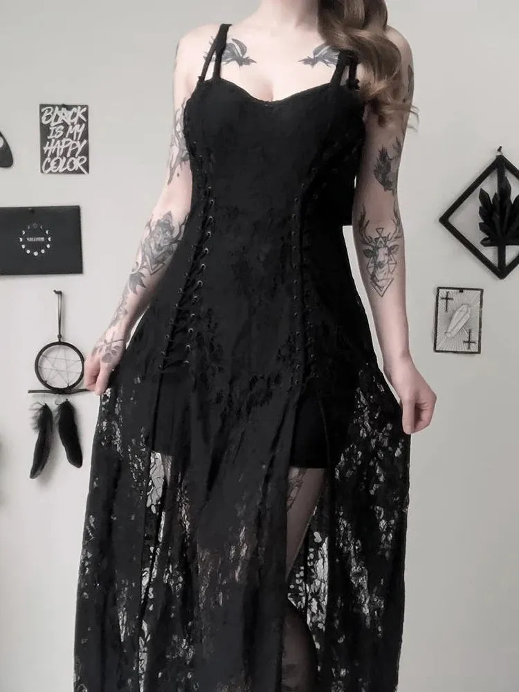 Dark Split Gothic Lace Bandage Midi Dress