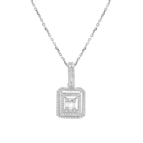 Diamond Baguette & Double Halo Pendant Necklace in Solid 18k White Gold