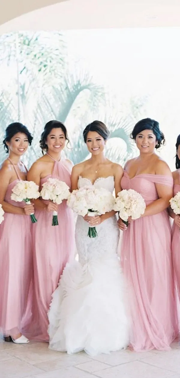 Elegant Pink Tulle Mismatched Long A-line Bridesmaid Dresses, WG64