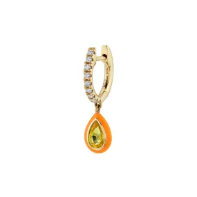 Enamel Teardrop Huggie - White Diamond, Yellow Sapphire and Orange Enamel / 14k Yellow Gold