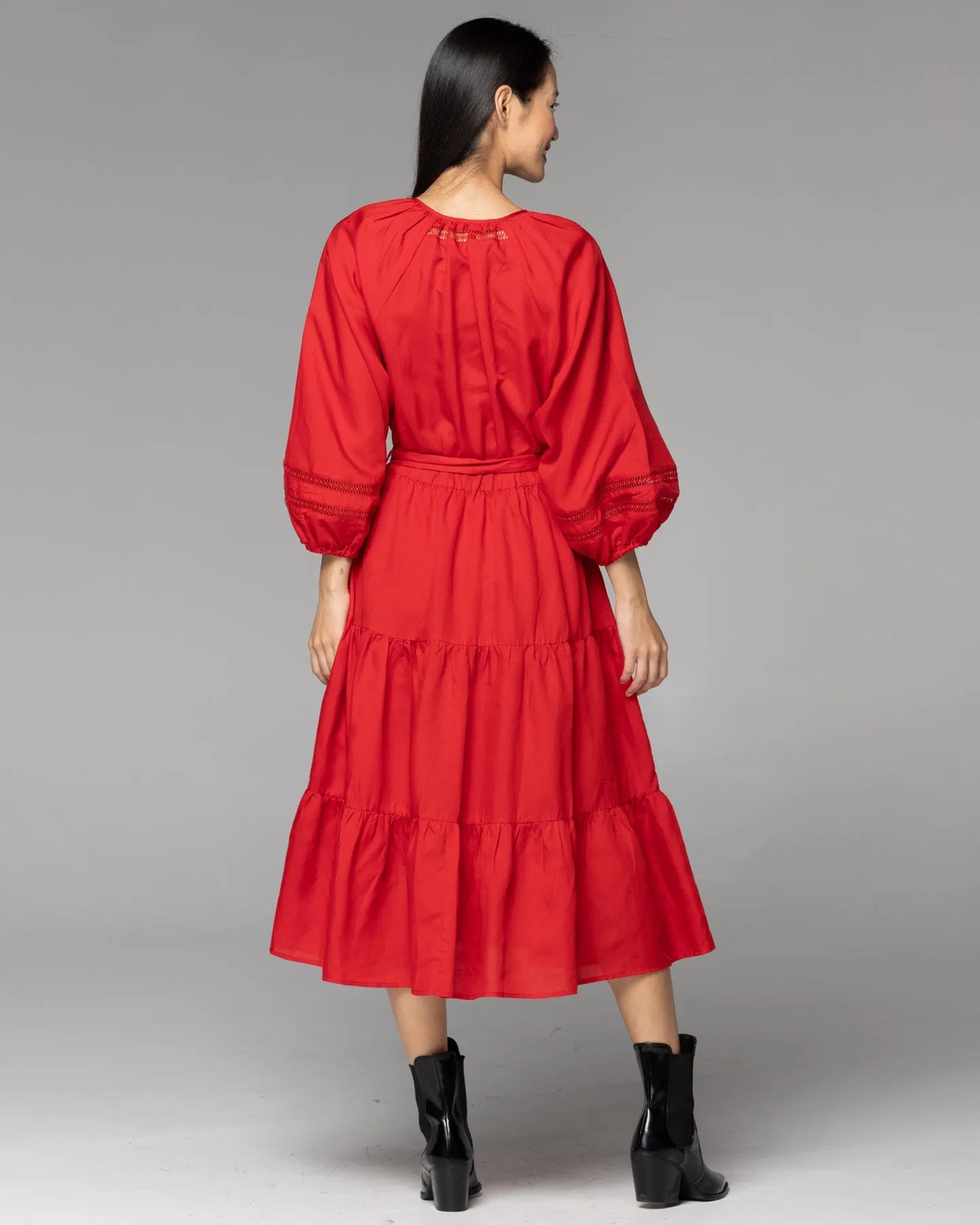 Fate + Becker Faraway Tiered Midi Dress - Cherry Red