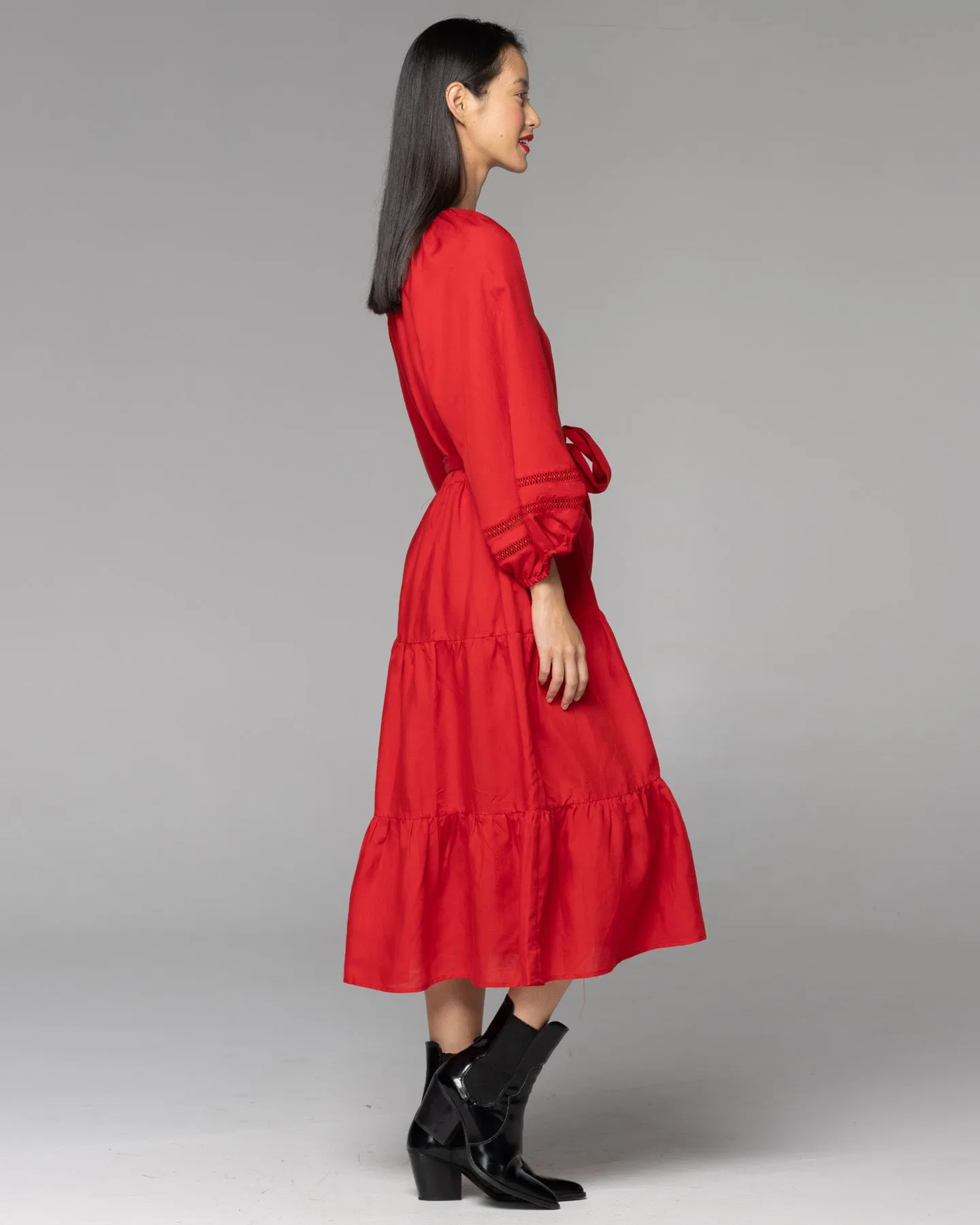 Fate + Becker Faraway Tiered Midi Dress - Cherry Red