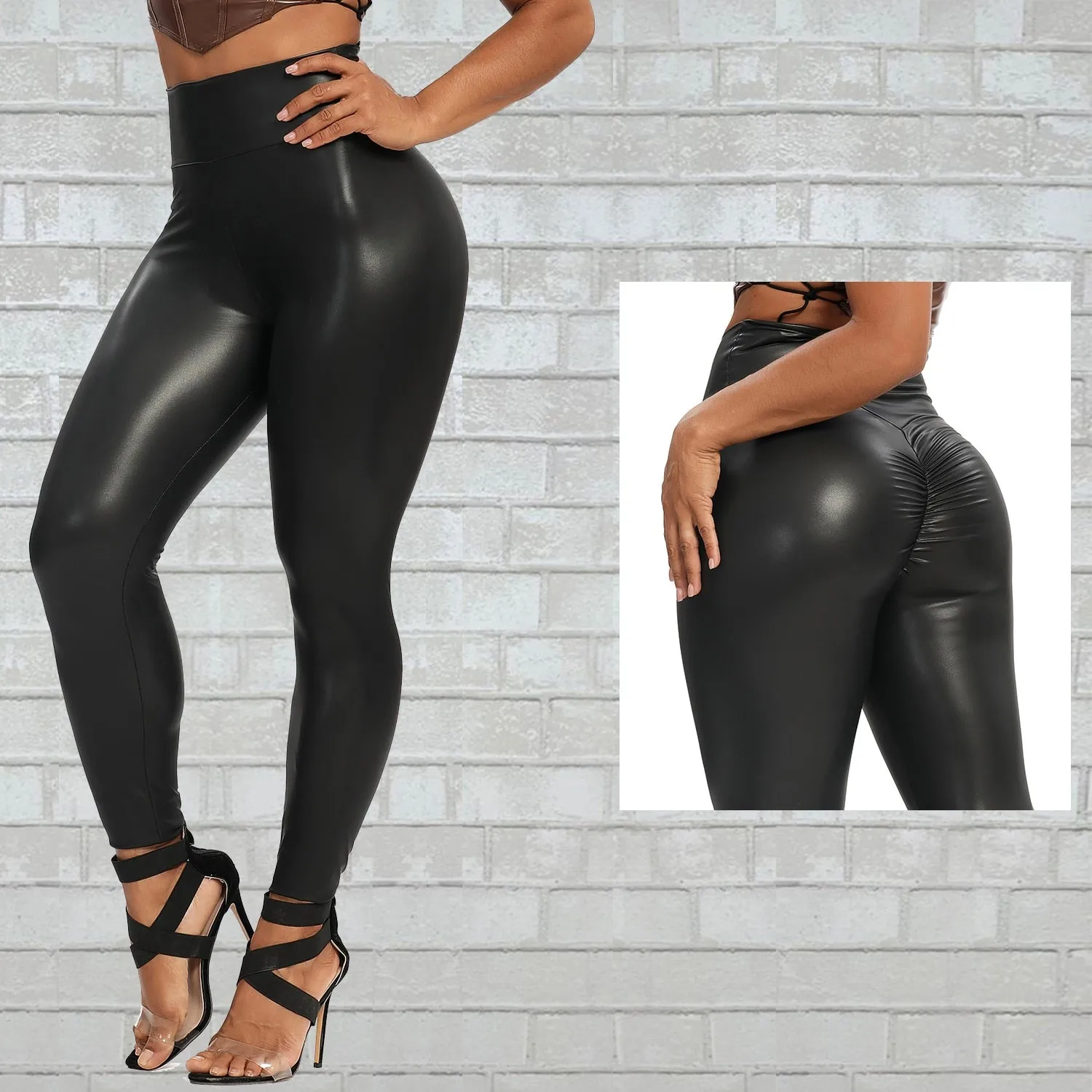 Faux Thin Leggins Curvy Elastic Tummy Control Ruched Fitness Pants