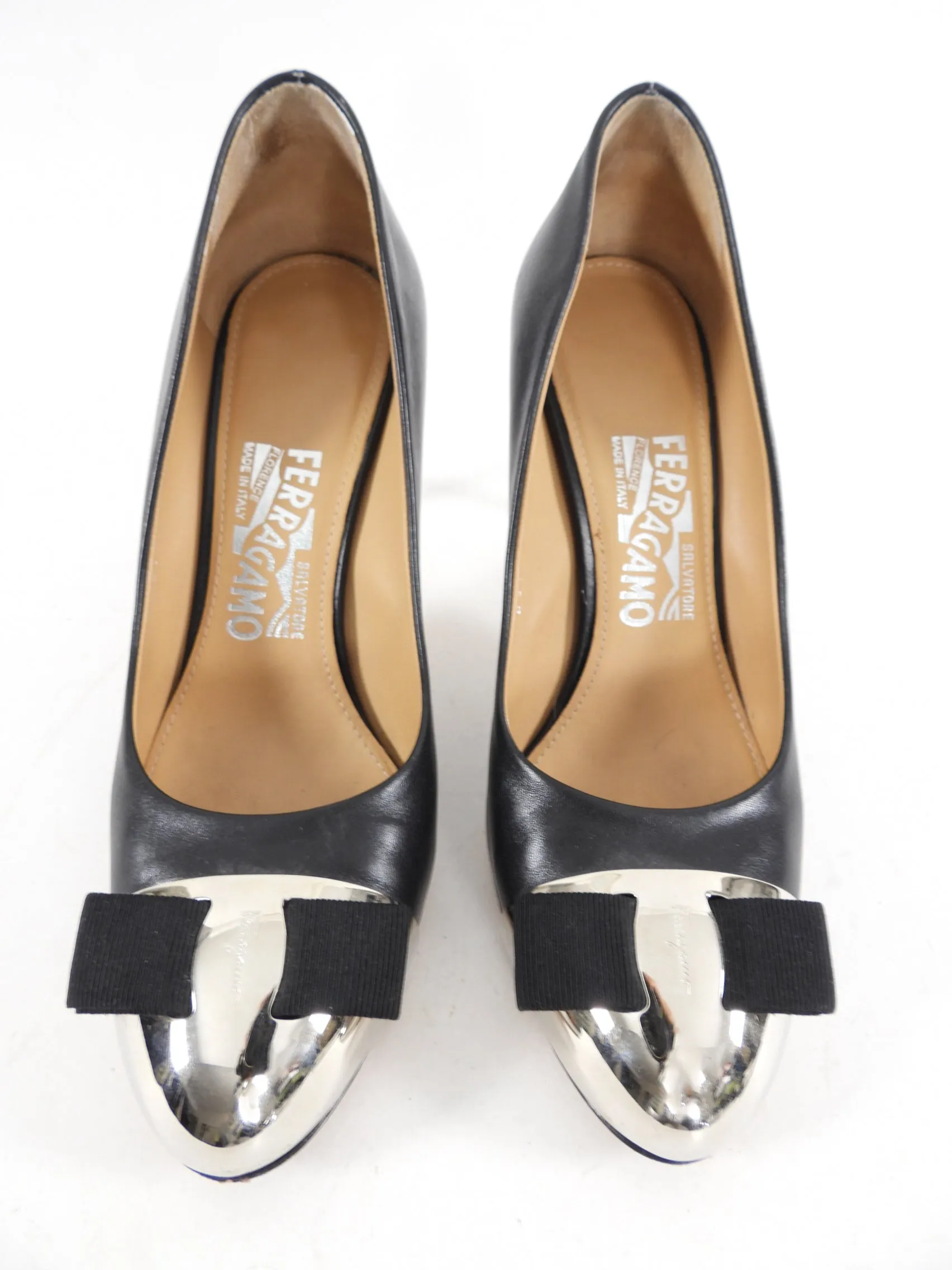 Ferragamo Black Leather Pumps with Metal Cap Toe - 7.5