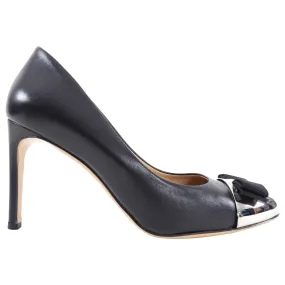 Ferragamo Black Leather Pumps with Metal Cap Toe - 7.5