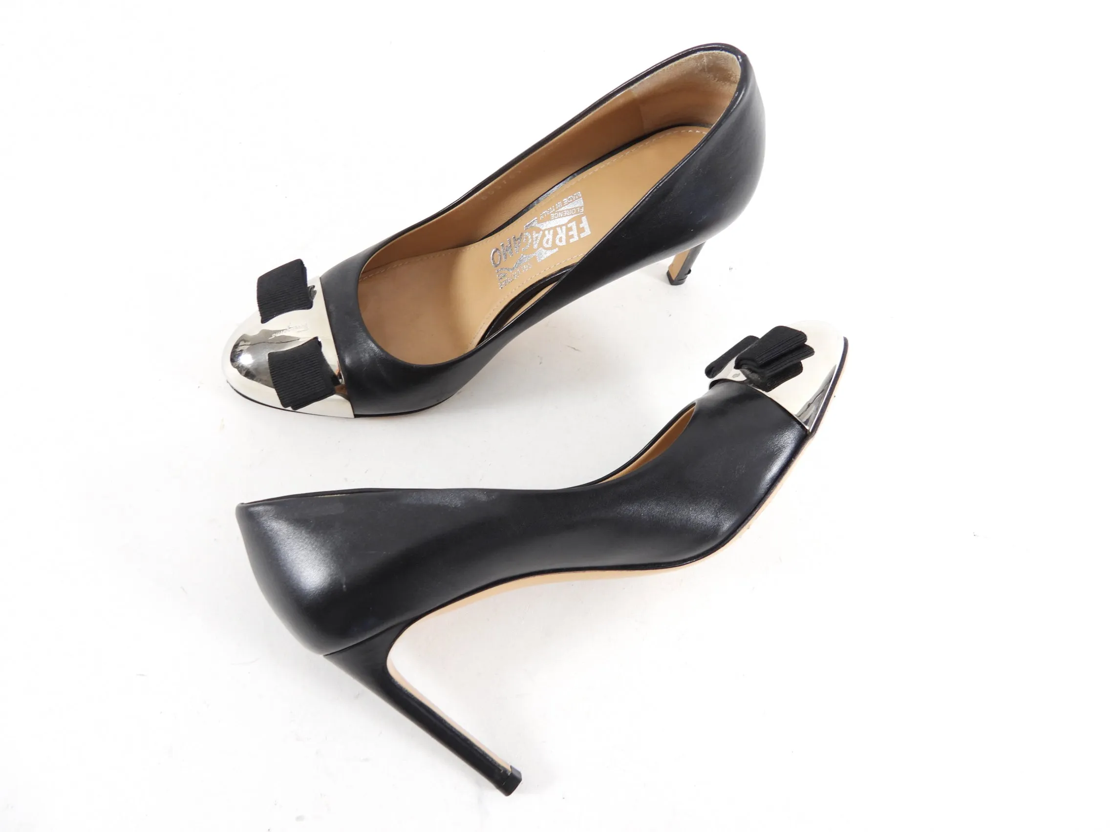 Ferragamo Black Leather Pumps with Metal Cap Toe - 7.5