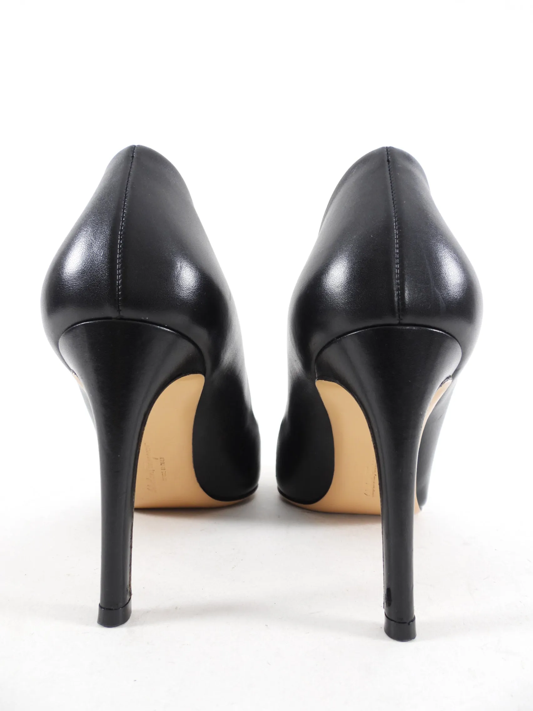 Ferragamo Black Leather Pumps with Metal Cap Toe - 7.5