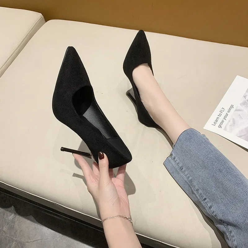 Flock High Heels Pumps Pointed Toe Classic