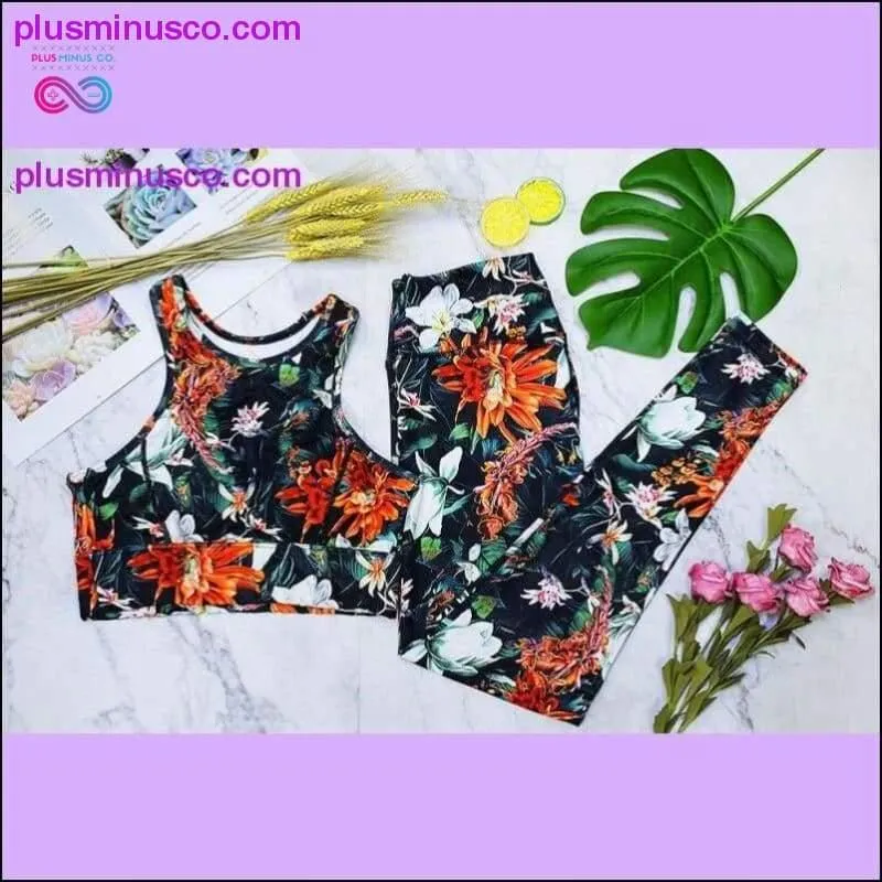 Flowers And Leaves Printing Fitness Set For Women Patchwork