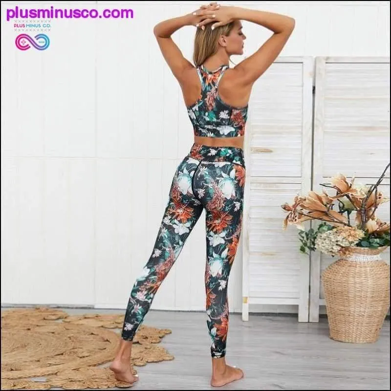 Flowers And Leaves Printing Fitness Set For Women Patchwork