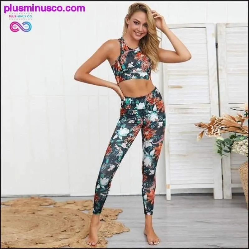 Flowers And Leaves Printing Fitness Set For Women Patchwork