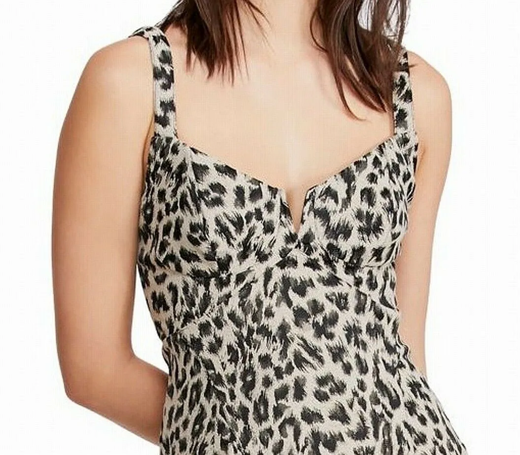 Free People Women's Animal Print Split Neck Mini Dress Black Size 12