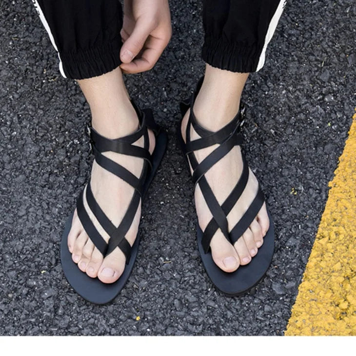 Genuine Leather Summer Casual Solid Pattern Gladiator Sandal for Men