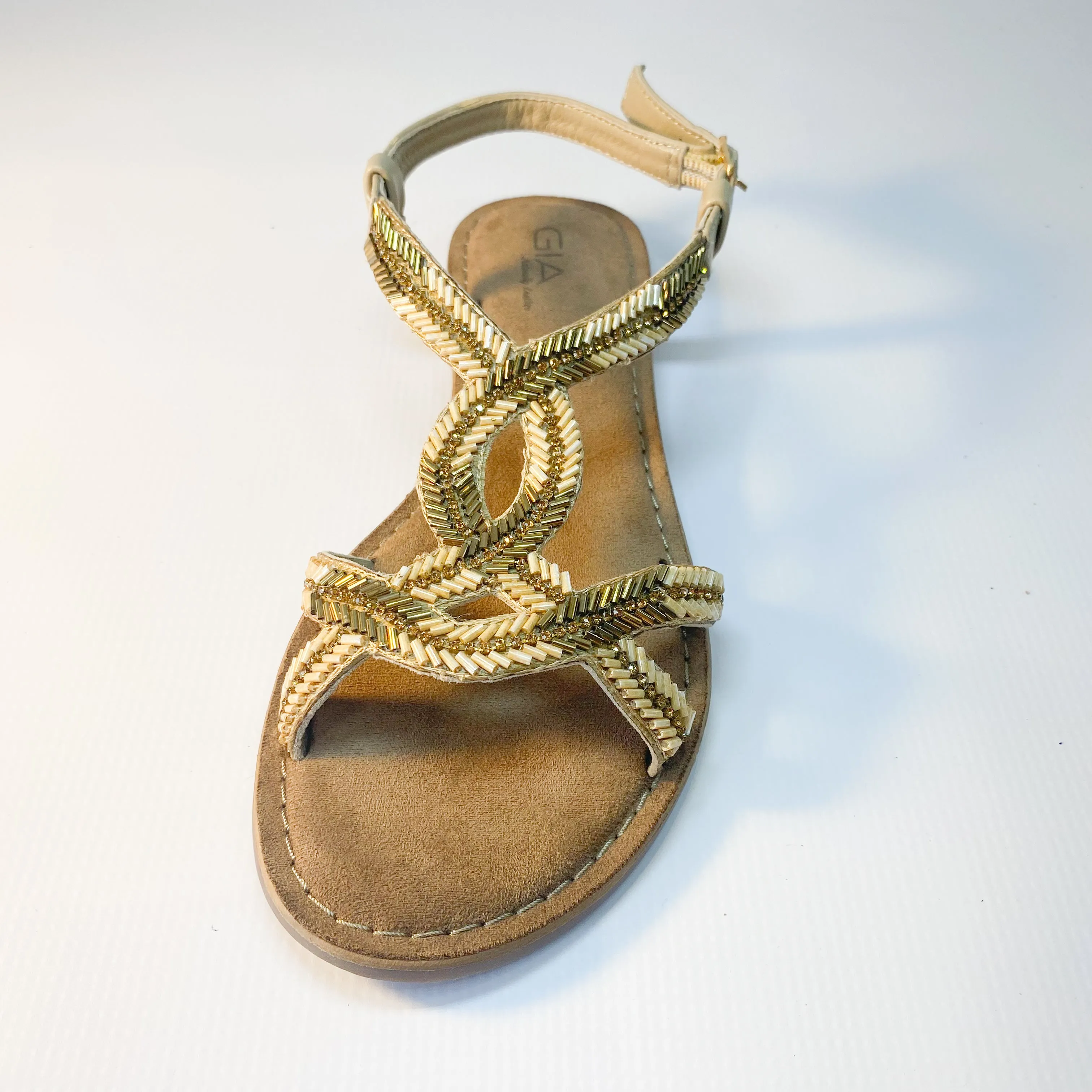 Gia beige beaded leather sandal