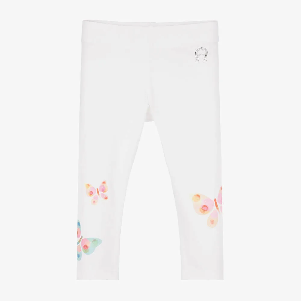 Girls White Cotton Butterfly Leggings