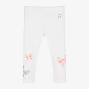 Girls White Cotton Butterfly Leggings