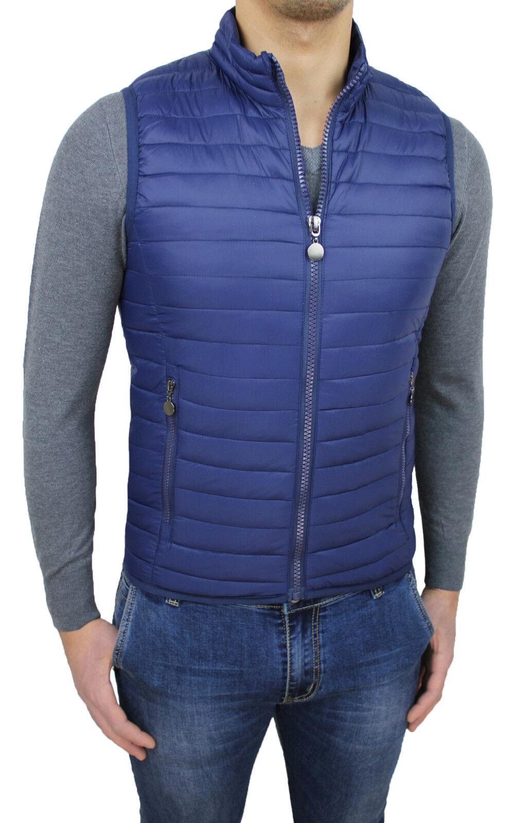 GIUBBOTTO SMANICATO UOMO DIAMOND CASUAL BLU SLIM FIT GILET PIUMINO MOTO JACKET