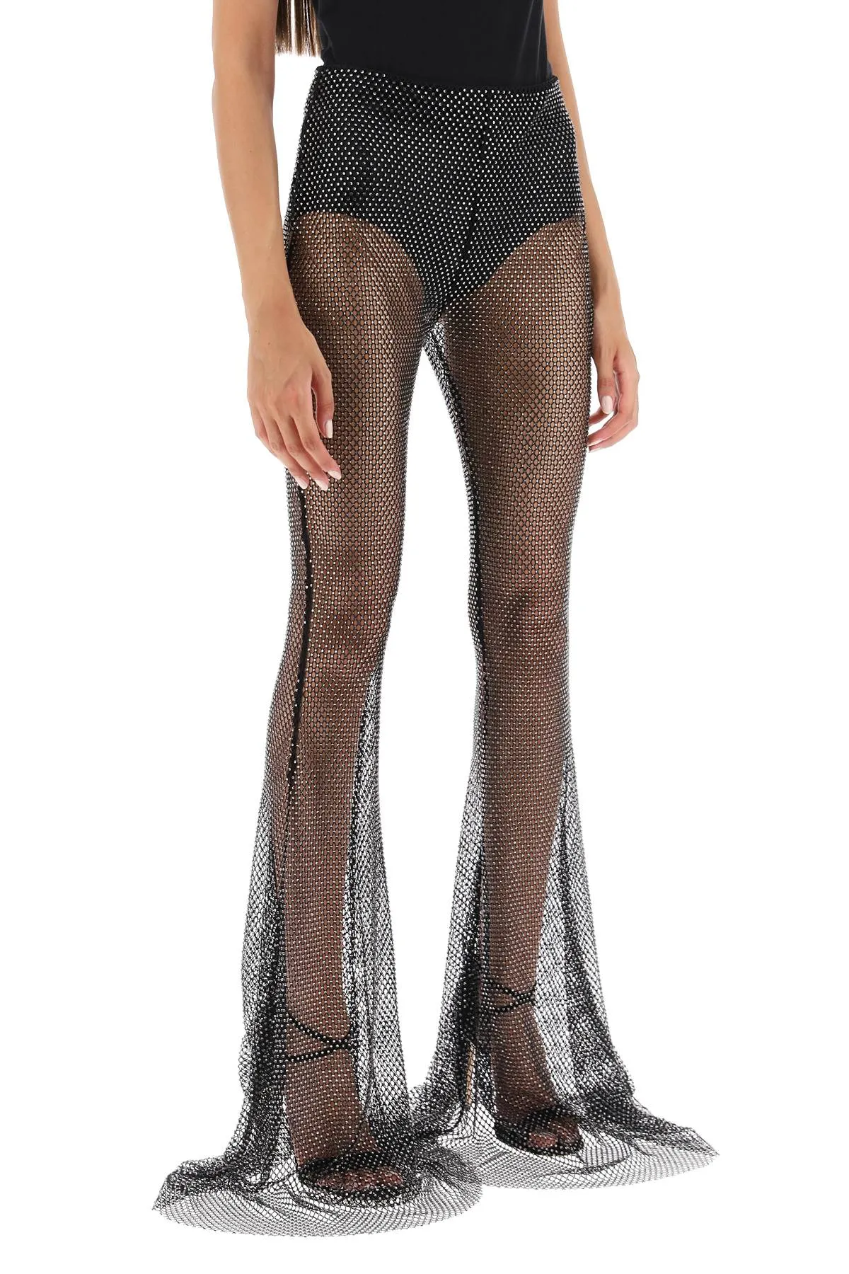 Giuseppe di morabito rhinestone-studded fishnet knit pants 072PA231 BLACK