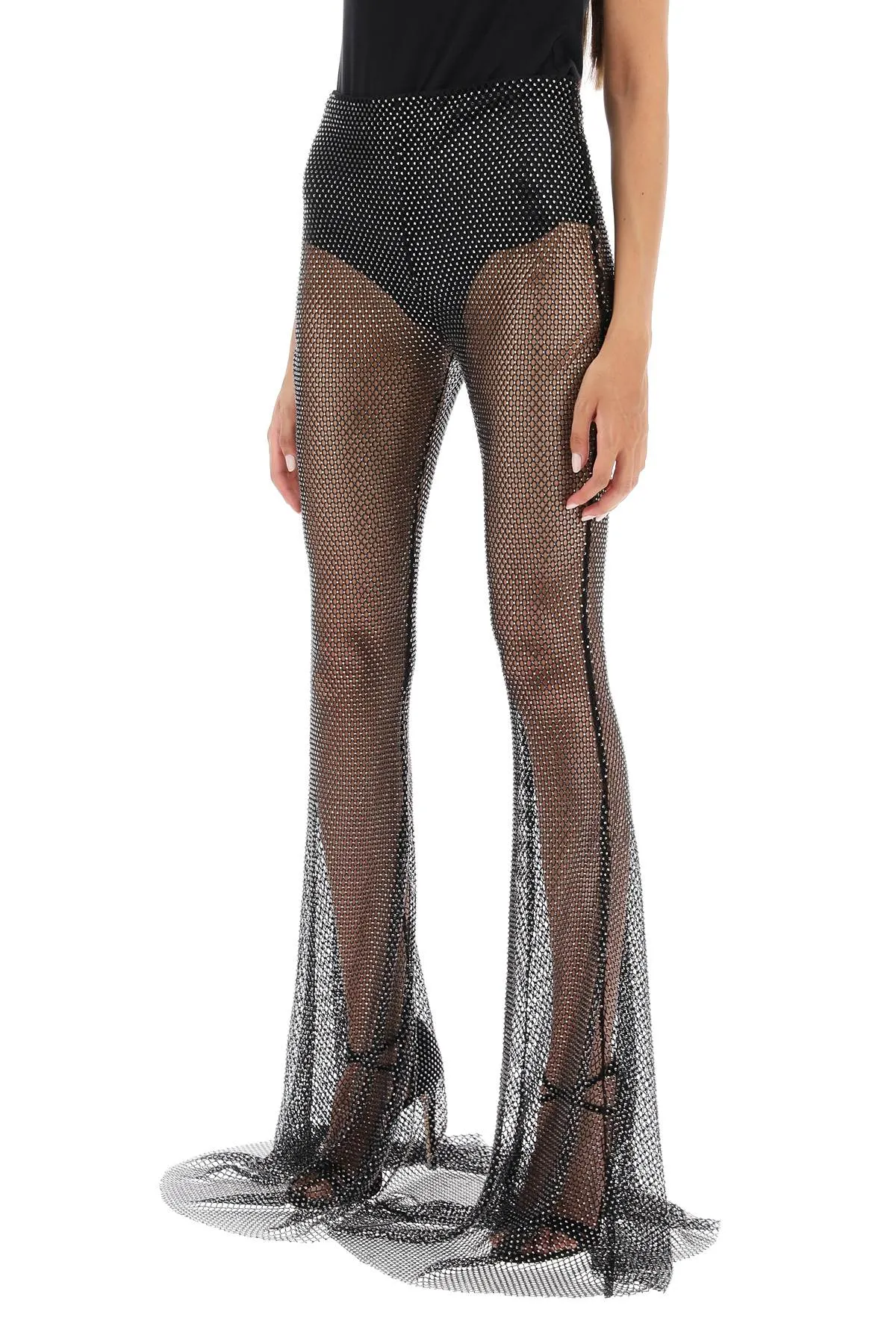 Giuseppe di morabito rhinestone-studded fishnet knit pants 072PA231 BLACK