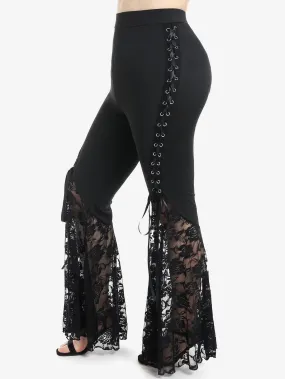 Gothic Black Lace Panel Flare Pants - High-Waist with Lace-Up Detailing