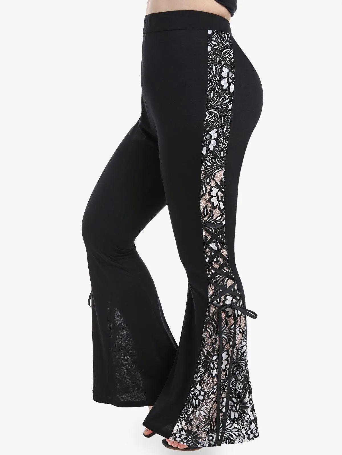 Gothic Black Lace Panel Flare Pants - High-Waist with Lace-Up Detailing