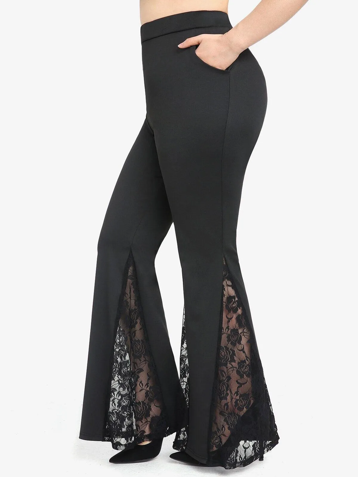 Gothic Black Lace Panel Flare Pants - High-Waist with Lace-Up Detailing